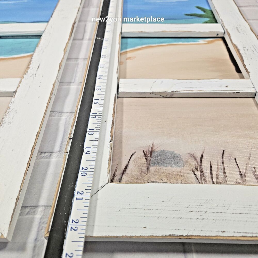 hand painted /made distressed wood frame beach scene canvas duo painting artwork - Picture 2 of 13